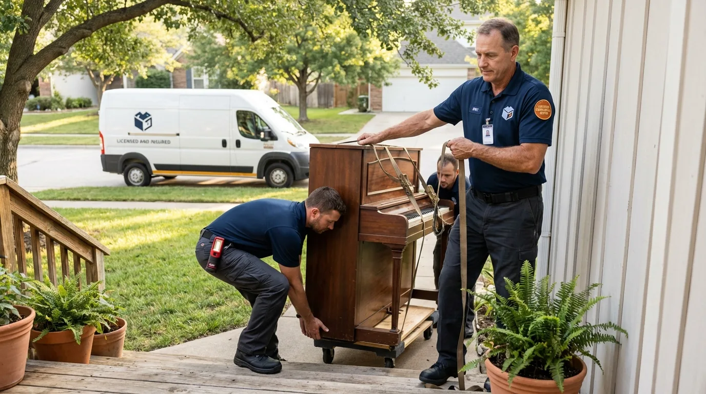 Licensed piano movers securing grand piano in Armada, MI