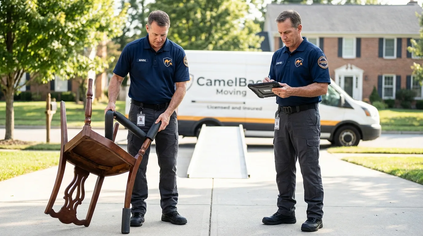 Movers inspecting furniture for damage prevention before loading in Armada, MI